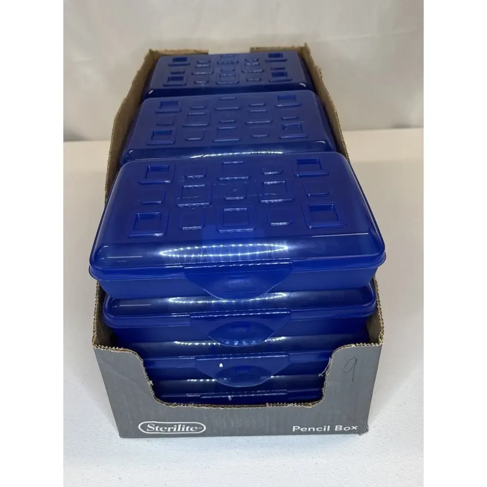 Lot of 12 Sterilite Small Pencil Boxes Blue Plastic Supply Case Snap Lid